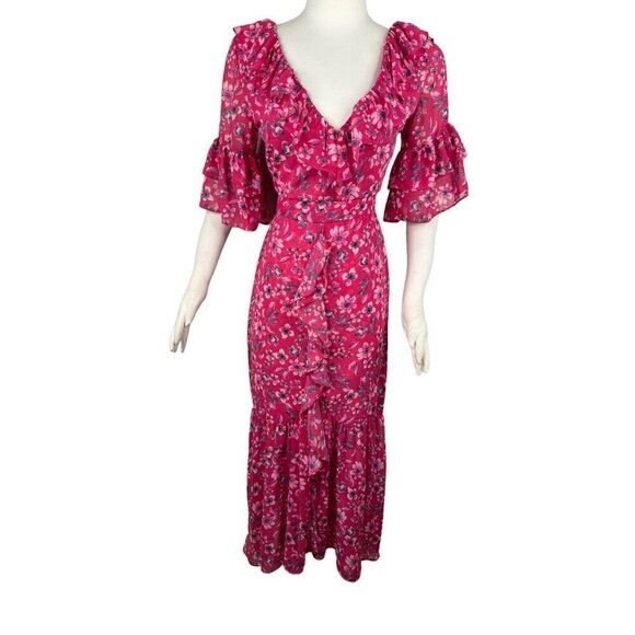 MISA Los Angeles Pink Floral Midi Dress Size XS S Flowy Short Sleeve - Picture 1 of 10